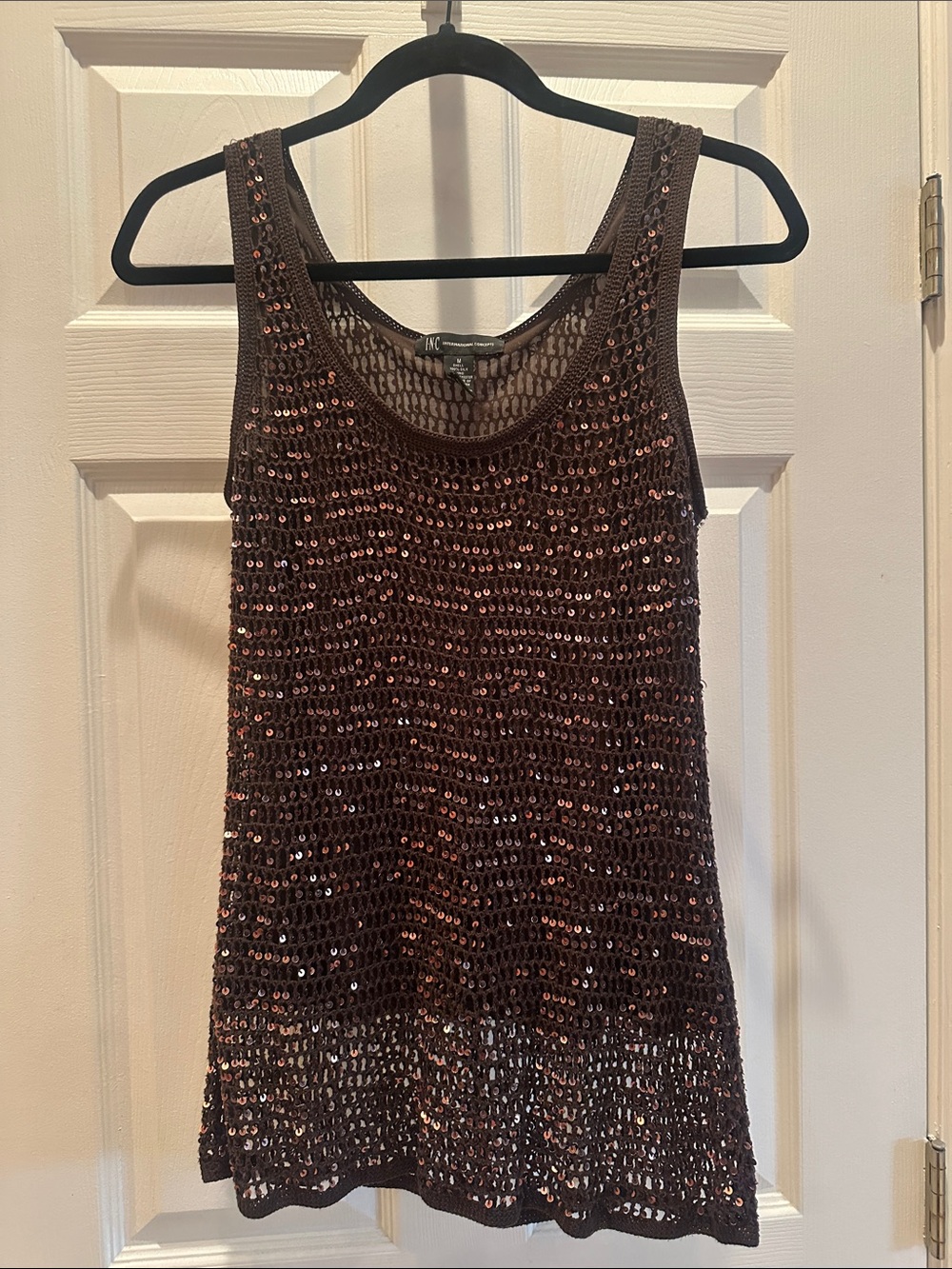 INC International Concepts Brown Sequin Open-Knit Tank